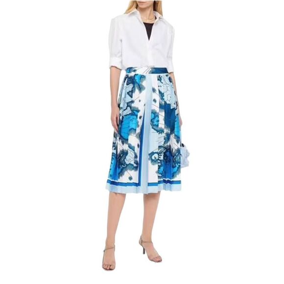Victoria Beckham Printed Twill Pleated Skirt Women’s Blue Size 4 - Picture 1 of 11